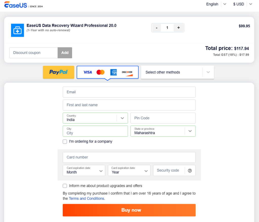 EaseUS billing page